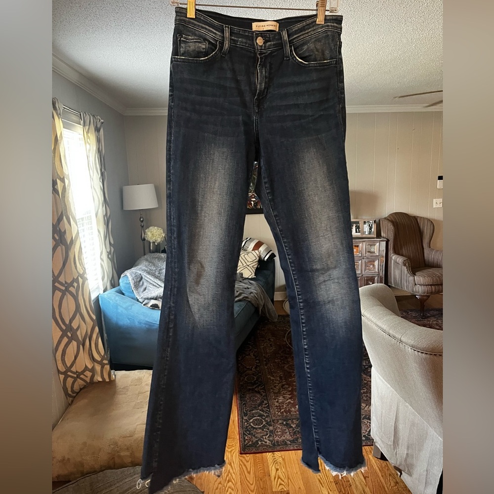 Flying Monkey Dark Blue flare leg jeans with uneven raw hem